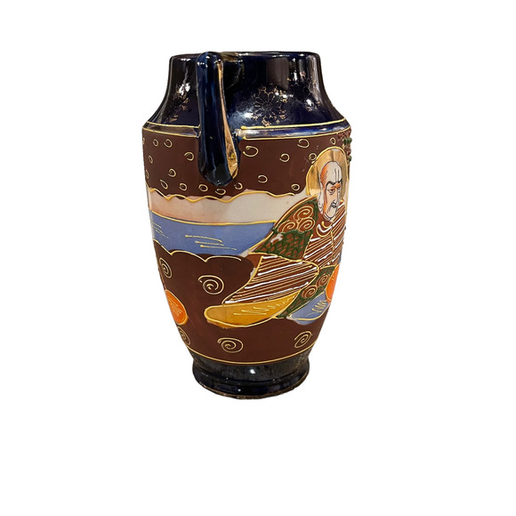 Vintage Japanese Hand Painted Moriage Vase 7" Tall Blue Brown With Handles - Picture 7 of 8